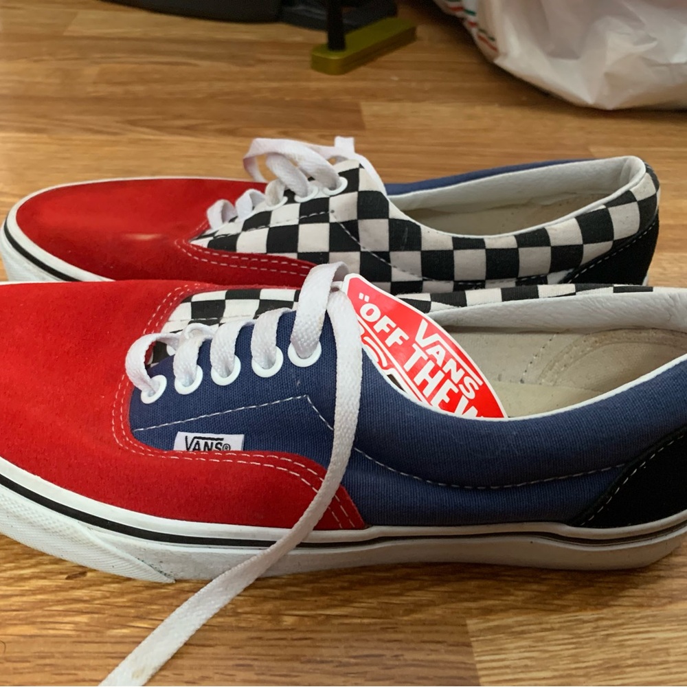 Vans Red and Blue Sneakers with Checkerboard Design